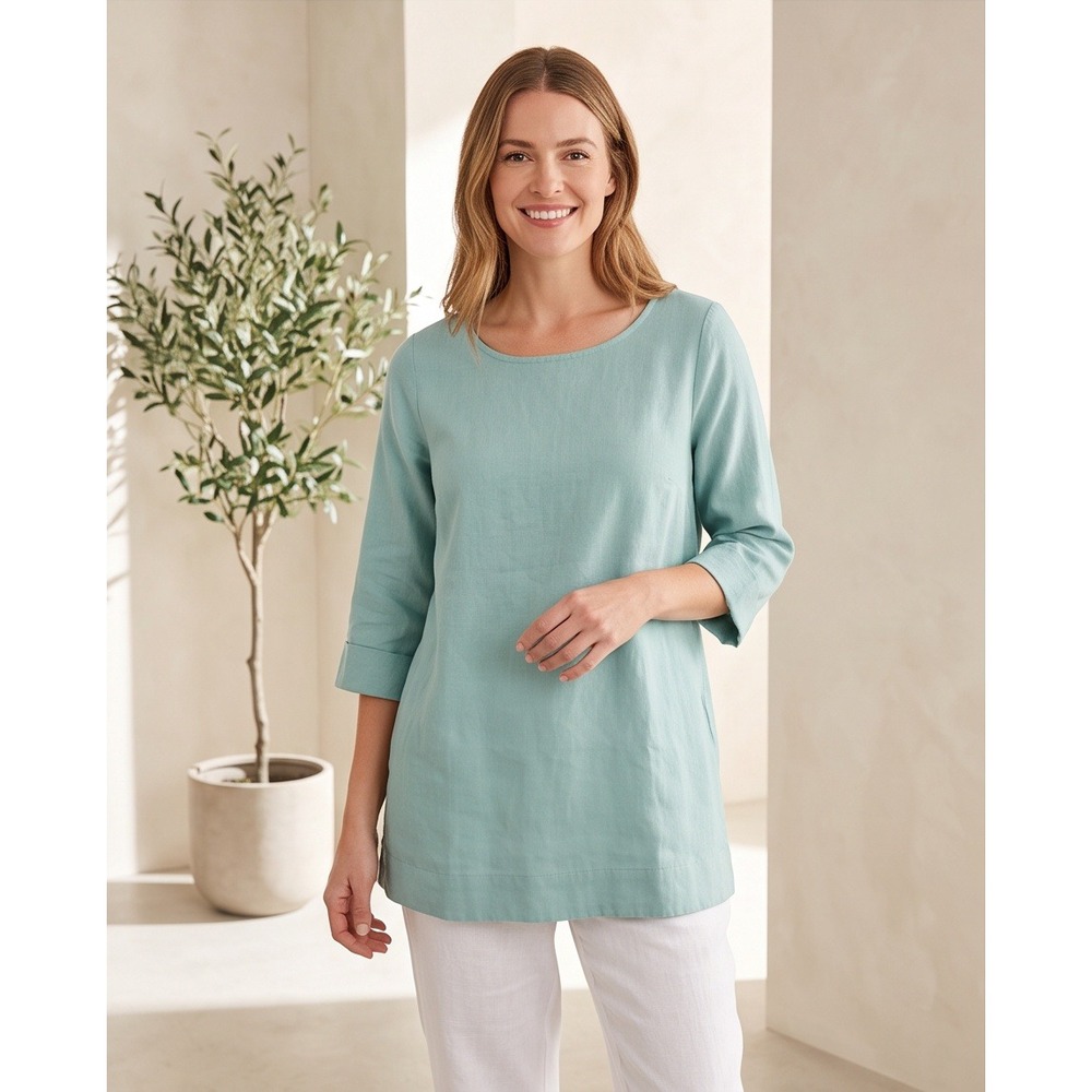 Soft Surroundings Womens Large Petite Green Cotton 3/4 Sleeve Tunic Top 33383